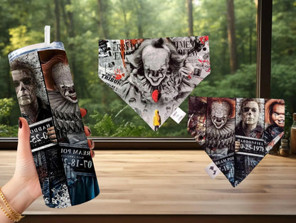 Horror Movie Reversible Dog Bandana: Pennywise, Michael Myers (Optional Tumbler Wrap)